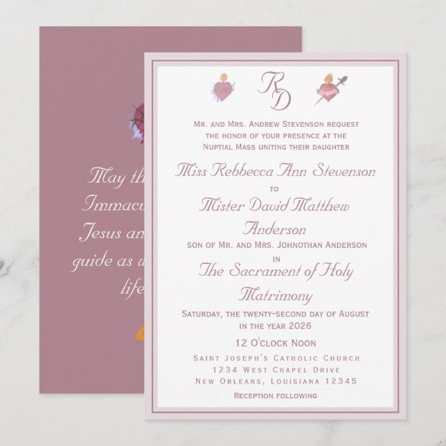 Dusty-Rose Two Hearts Catholic Wedding  Invitation (Front/Back)