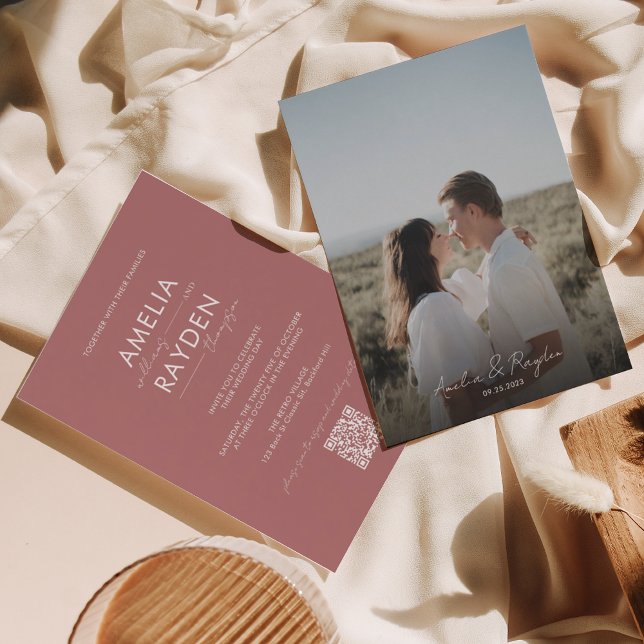 Dusty Rose Typography Script Photo QR Code Wedding Invitation (Creator Uploaded)
