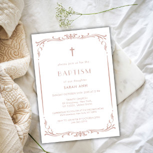 Dusty Rose Vintage Baptism Christening Cross Invitation