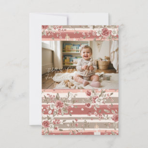 Dusty Rose Vintage Floral Baby Girl Photo Thank You Card
