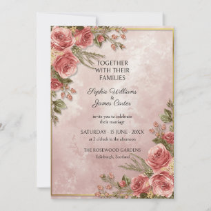 Dusty Rose Vintage Floral Gold Wedding Invitation