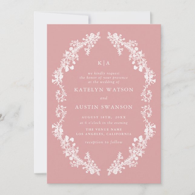 dusty rose vintage floral wedding invitation (Front)