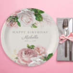Dusty Rose Vintage Floral Women's Birthday  Paper Plate<br><div class="desc">Elegant and stylish vintage botanical blush pink and dusty rose watercolor floral (roses) and painted green watercolor leaves on cream birthday party paper plate. Customisable text says,  "Happy birthday." Personalise with a name and party date.</div>