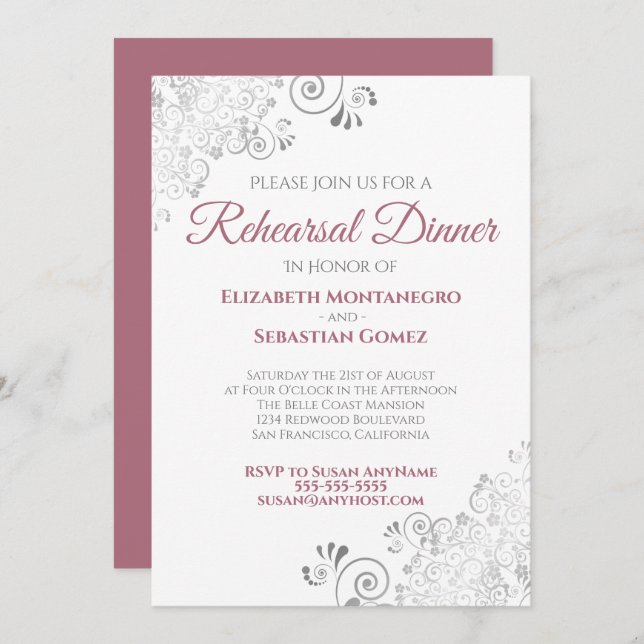 Dusty Rose w/ Grey Curls Wedding Rehearsal Dinner Invitation (Front/Back)