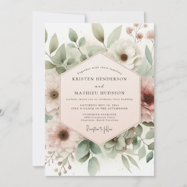 Dusty Rose Watercolor Bloom Wedding Invitation (Front)