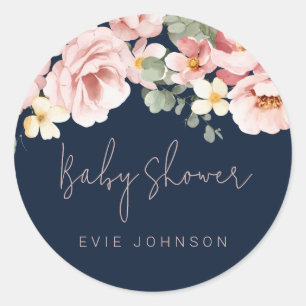 Dusty Rose Watercolor Floral Baby Shower Navy Classic Round Sticker
