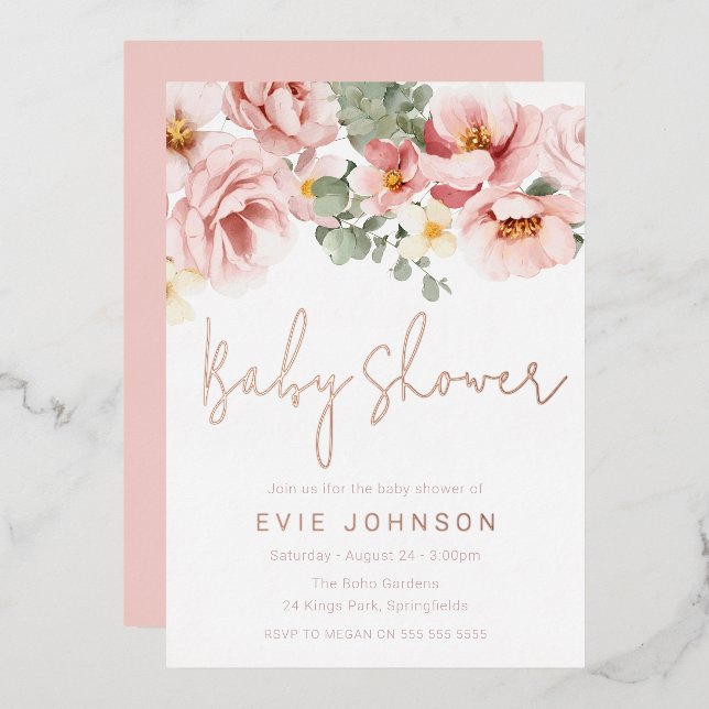 Dusty Rose Watercolor Floral Baby Shower Rose Gold (Front/Back)
