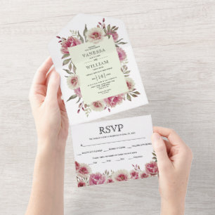 Dusty rose watercolor floral border sping wedding all in one invitation