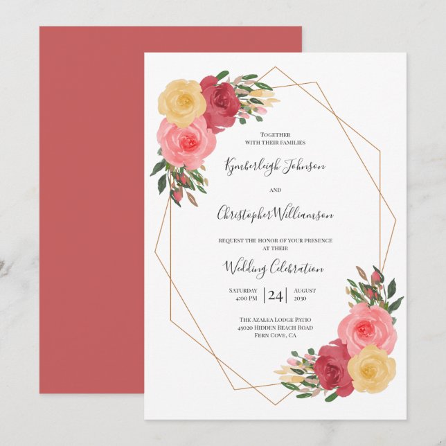 Dusty Rose Watercolor Floral Geometric Wedding Invitation (Front/Back)