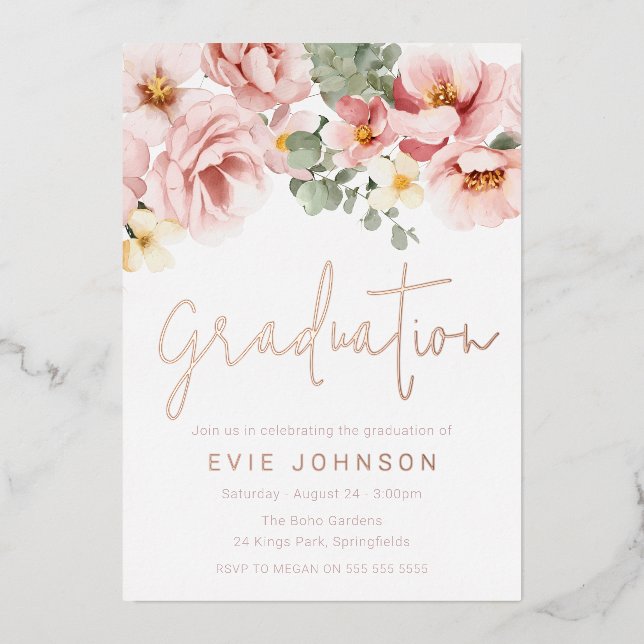 Dusty Rose Watercolor Floral Graduation Rose Gold (Front)