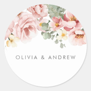Dusty Rose Watercolor Floral Wedding Classic Round Sticker