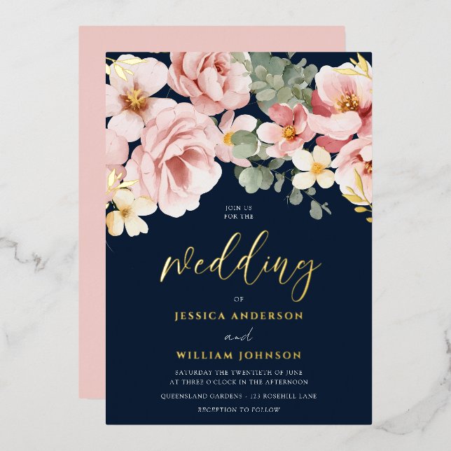 Dusty Rose Watercolor Floral Wedding Navy & Gold (Front/Back)