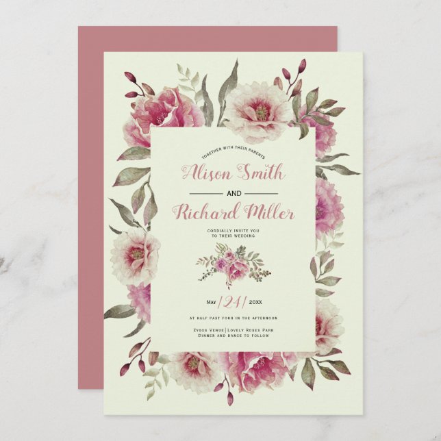 Dusty rose watercolor flower frame floral wedding invitation (Front/Back)