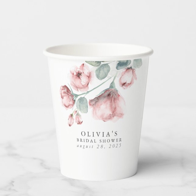 Dusty Rose Watercolor Flowers Elegant Party Shower Paper Cups (Back)