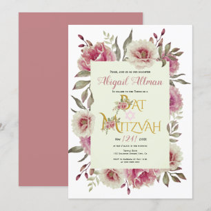 Dusty rose watercolor flowers floral Bat Mitzvah  Invitation