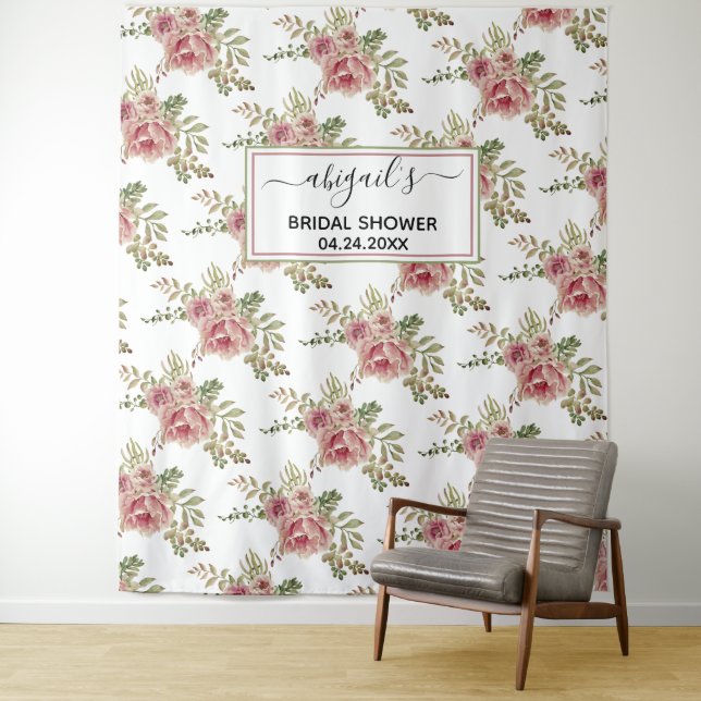 Dusty rose watercolor flowers floral bridal shower tapestry (In Situ)
