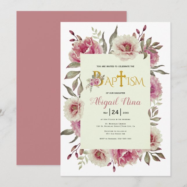 Dusty rose watercolor flowers girl floral baptism  invitation (Front/Back)
