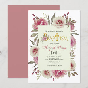 Dusty rose watercolor flowers girl floral baptism invitation