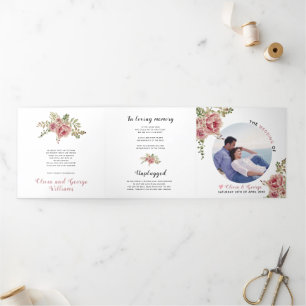 Dusty rose watercolor flowers green leaves, photo Tri-Fold programme