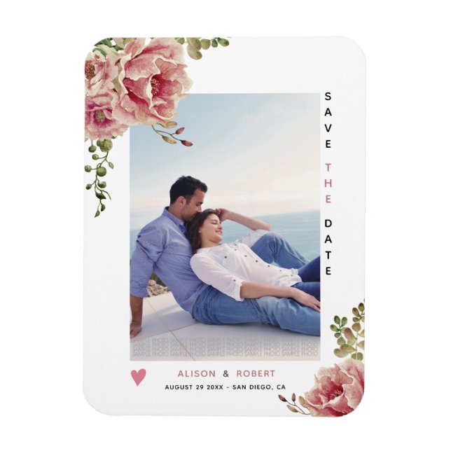 Dusty rose watercolor flowers Save the Date photo  Magnet (Vertical)