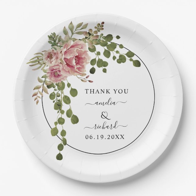 Dusty rose watercolor flowers Thank You wedding Paper Plate (Front)