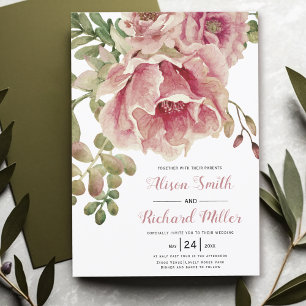 Dusty rose watercolor flowers, typography wedding  invitation