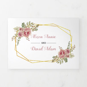Dusty rose watercolor flowers typography wedding Tri-Fold invitation