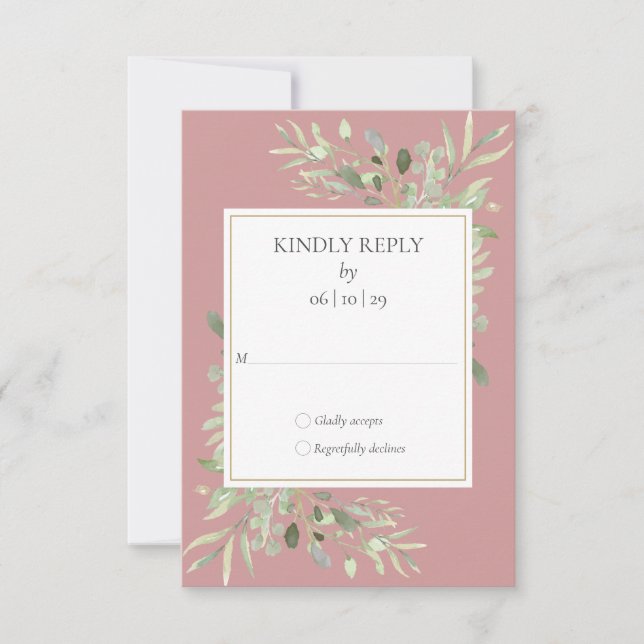 Dusty Rose Watercolor Greenery Gold RSVP Card (Front)