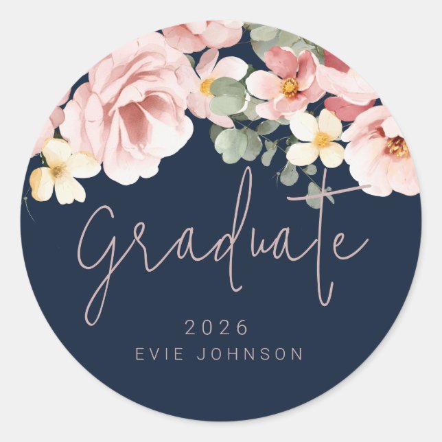 Dusty Rose Watercolor Navy Graduation Graduate Classic Round Sticker (Front)