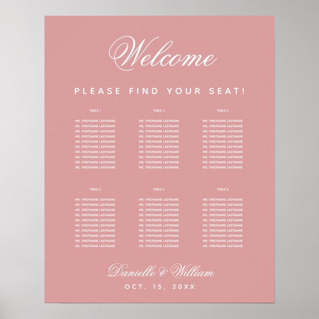 Dusty Rose Wedding 6 Table Pink Seating Chart (Front)