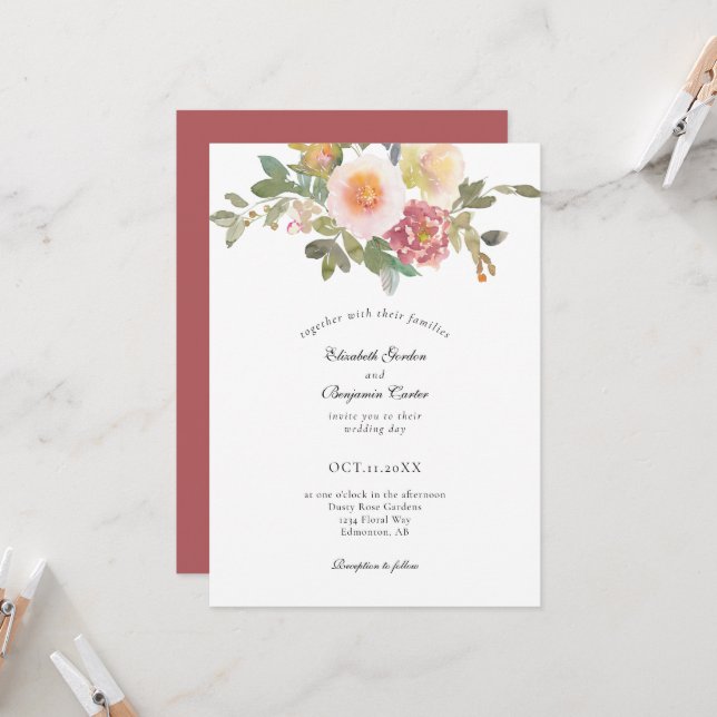 Dusty Rose Wedding Elegant Floral Modern Script In Invitation (Front/Back In Situ)