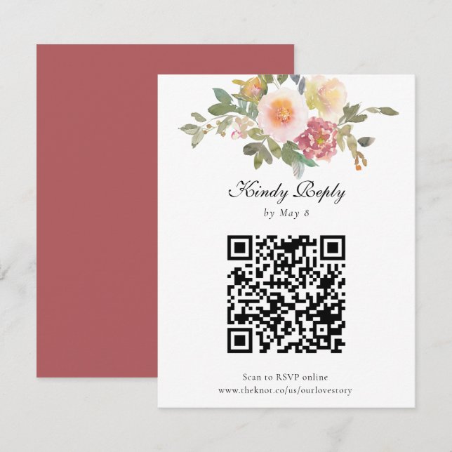 Dusty Rose Wedding Elegant Floral QR Code Online RSVP Card (Front/Back)