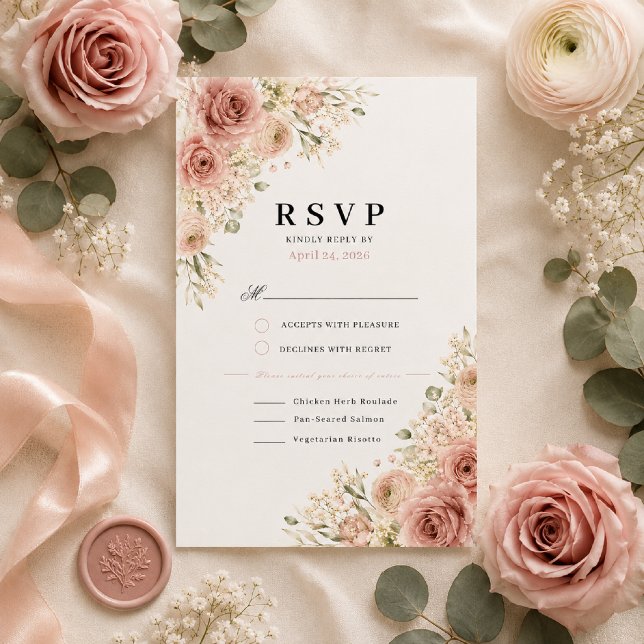 Dusty Rose Wedding RSVP Card (Elegant flat lay showcasing our Dusty Rose Romance RSVP card on premium ivory cardstock.)