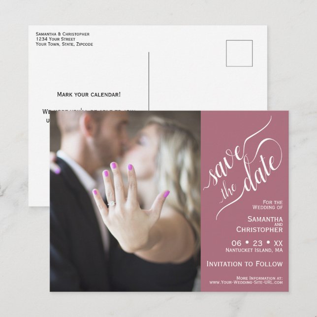 Dusty Rose Wedding Save the Date Photo Calligraphy Announcement Postcard (Front/Back)