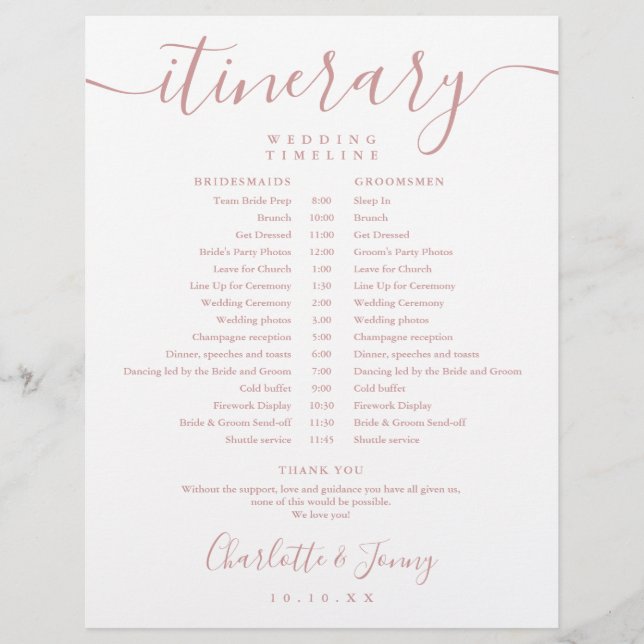 Dusty Rose Wedding Schedule Itinerary Timeline (Front)