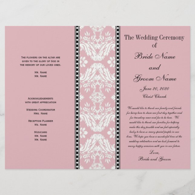 Dusty Rose White Damask Wedding Program (Front)