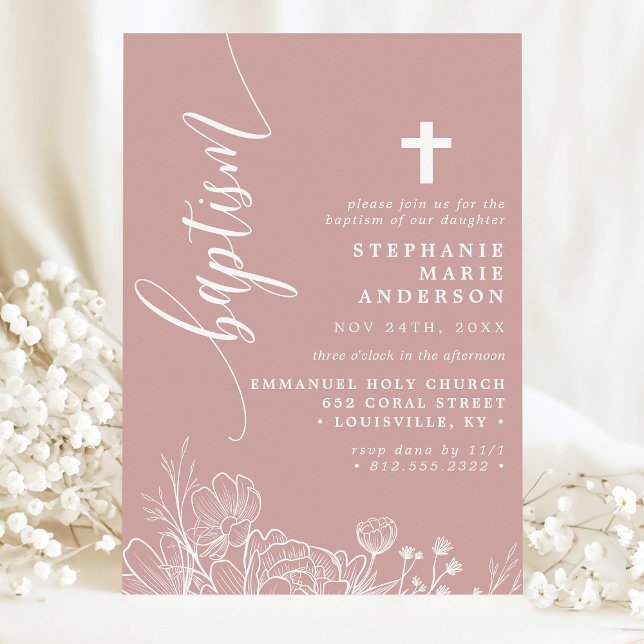 Dusty Rose White Floral Elegant Script Baptism Invitation (Creator Uploaded)