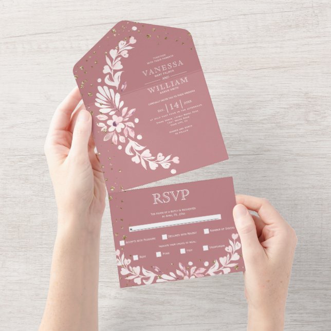 Dusty rose, white floral garland, hearts wedding all in one invitation (Tearaway)