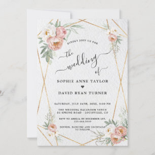 Dusty Rose White Floral Gold Calligraphy Wedding Invitation