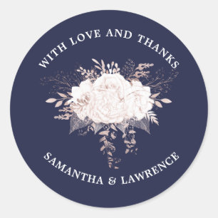 Dusty Rose White Floral Navy Blue Wedding Classic Round Sticker