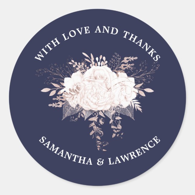 Dusty Rose White Floral Navy Blue Wedding Classic Round Sticker (Front)