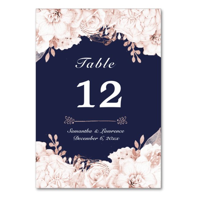 Dusty Rose White Floral Navy Blue Wedding Table Number (Front)