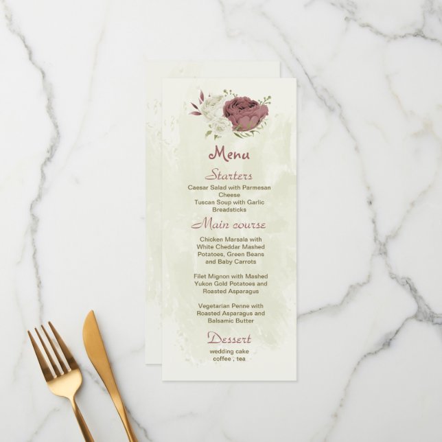dusty rose white flowers botanical wedding menu (Front/Back In Situ)