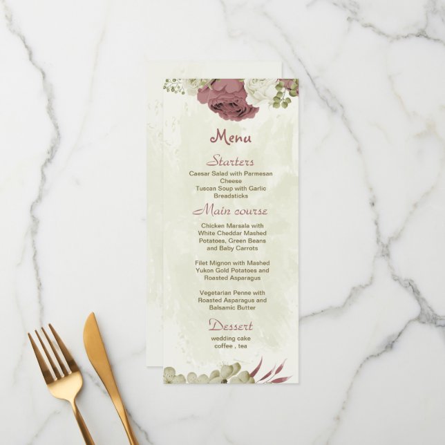 dusty rose white flowers botanical wedding menu (Front/Back In Situ)