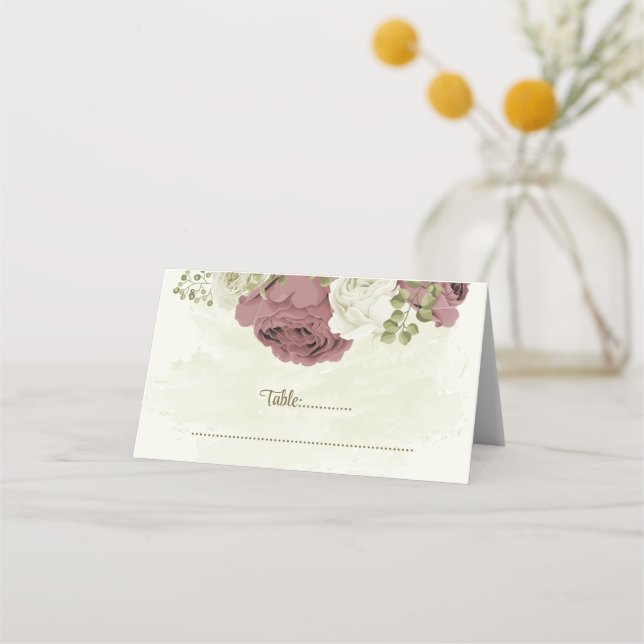 dusty rose white flowers botanical wedding place card (Front)
