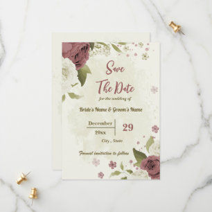 Dusty rose & white flowers botanical wedding save the date