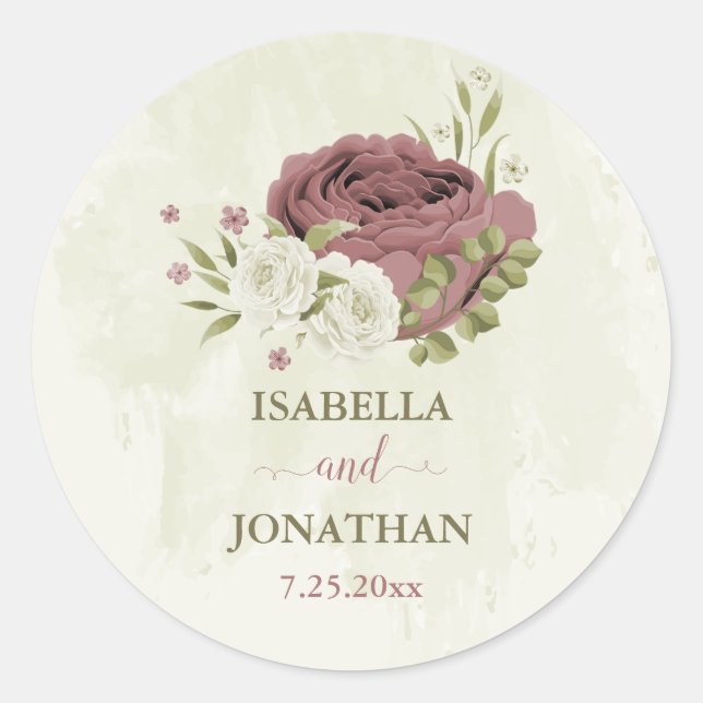 dusty rose white flowers wedding classic round sticker (Front)