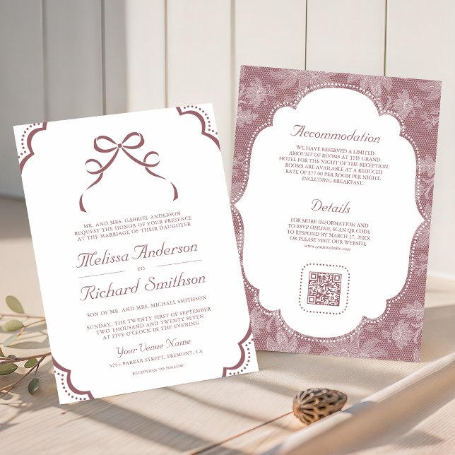 Dusty Rose White Lace Coquette Bow QR Code Wedding Invitation (Creator Uploaded)