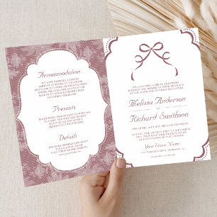 Dusty Rose White Lace Coquette Bow QR Code Wedding Invitation