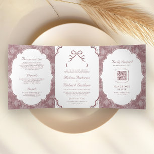 Dusty Rose White Lace Coquette Bow QR Code Wedding Tri-Fold Invitation
